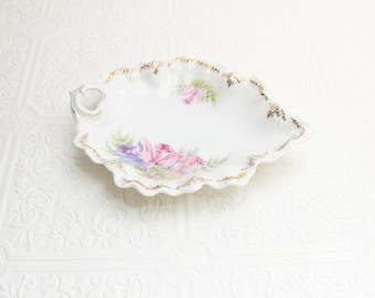 Vintage Weimar Germany Porcelain trinket dish Leaf shape Pink flowers Ring holder Candy dish Shabby Cottage Change holder
