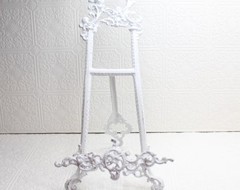 Ornate easel Picture stand Picture holder Frame holder Metal stand Distressed White Display Home decor Painted easel Shabby Cottage