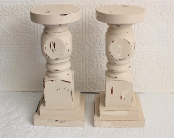 Set of vintage pillar candleholders Spindle Architectural Salvage Home decor Farmhouse Distressed Shabby Cottage Wood painted Candle holder