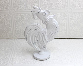 Painted cast iron rooster figurine Statue Figure Home decor Home accent White Distressed Shabby Cottage Farmhouse Kitchen decor