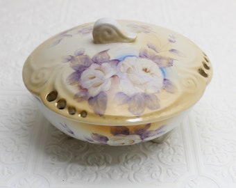 Vintage Enesco hand painted rose footed dish with lid Vanity dish Trinket container Jewelry Keepsake box Home decor Cottage French Country
