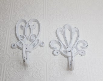 2 painted cast iron wall hooks Coat hook Scarf holder Decorative Shabby Cottage French Country Farmhouse White Distressed