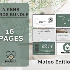 Pacote de cartão de visita Airbnb 'Mateo Edition' | Modelos Airbnb | Cartões Airbnb editáveis | Cartões de desconto com QR | Imprimíveis Airbnb | VRBO