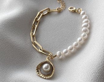 10mm Real Freshwater Pearl Gold Plated Oyster Pearl Charm Natural Stone Bracelet
