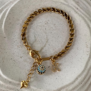 Gold Model Bracelet with Protected Eye Charm, Personalized Letter Bracelet, Stainless Steel Jewelry, Meaningful Gift for Mother or Lover