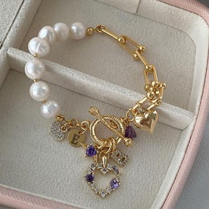 Pearl Charm Bracelet: Purple Baguette Stone, Heart & Letter Charms