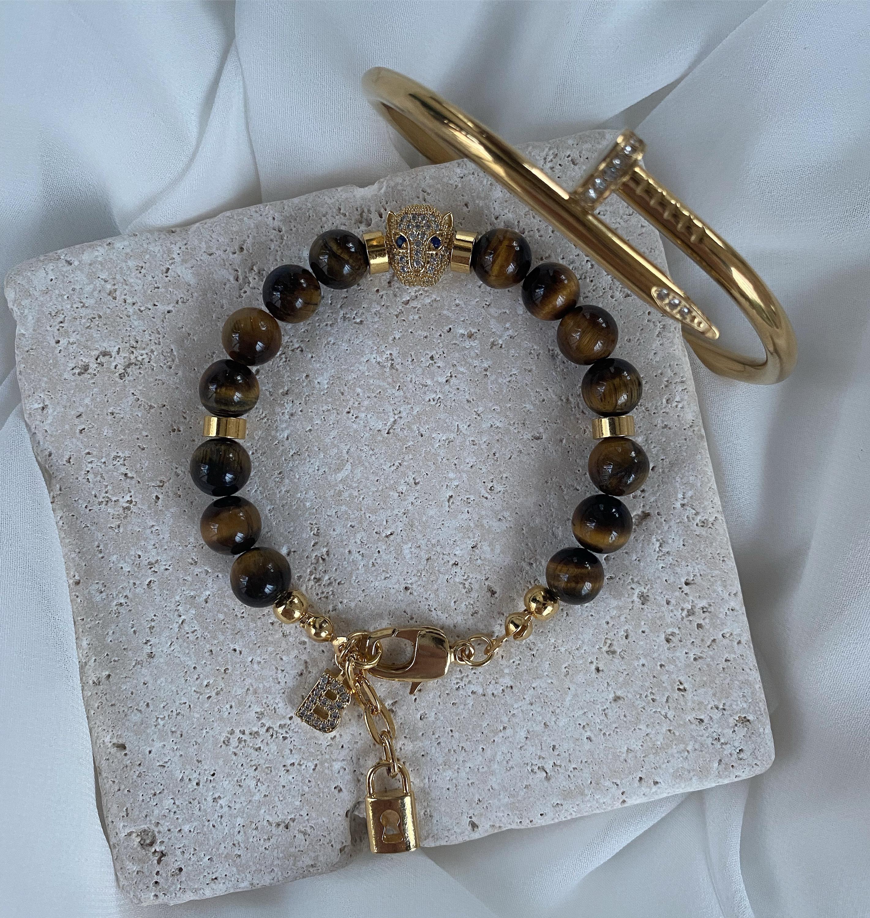 Custom Steel Charm Bracelet with Natural Stone and Tiger Eye Beads, Stylish Gift for Valentine’s Day, Mother’s Day or Birthday
