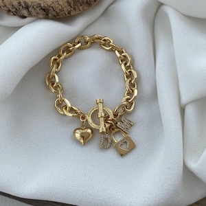 Gold Plated Vintage Thick Chain 4 Charm Design Bracelet with Special Lock System
