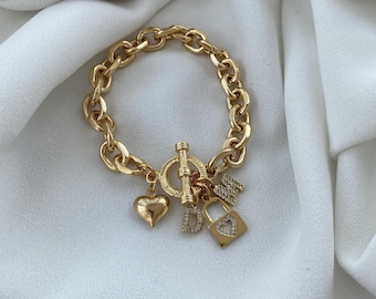 Gold Plated Vintage Thick Chain 4 Charm Design Bracelet with Special Lock System