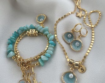 Aventurine Natural Stone Jewelry Set, Gold-Plated Oyster Pearl with Custom Letter, Necklace, Bracelet, and Earrings, Personalized Gift