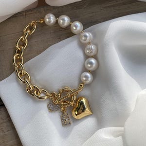 Pearl Bracelet: Heart Charm, Zircon Letter, Custom Initial