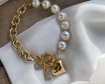 Pearl Bracelet: Heart Charm, Zircon Letter, Custom Initial