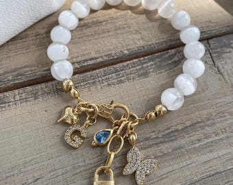 Selenite Stone Bracelet: Gold Plated with Zircon Charms