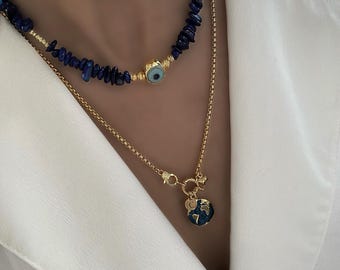 Lapis Natural Stone Necklace Set: Customizable Initial Charm, Special Lock