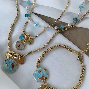Aangepaste bedelarmband en kettingset – 5-delige sieradencombinatie – wereldkaartketting – Valentijnsdagcadeau – Moederdagbedeljuwelier