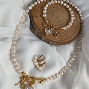 Gold Plated Swarovski Heart Charm Jewelry Set: Freshwater Pearl, Personalized