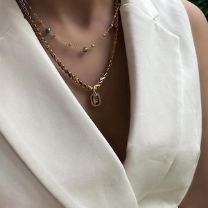 Collar con cadena de cebada de acero y letra cúbica de circonita, conjunto de collar y pulsera de acero con ojo malvado de vidrio, combinación de joyas de 3 piezas
