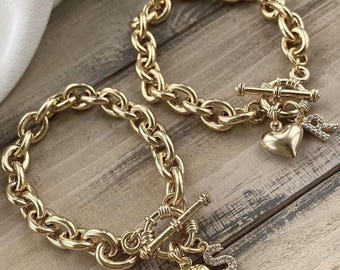 Gold Plated Vintage Thick Chain Zircon Letter Design Bracelet with Special Lock System