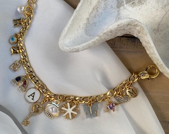 Vergoldetes Bettelarmband: Personalisierte Initiale, Vintage Chunky Halskette