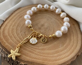 Freshwater Pearl Bracelet: Gold Dorica Beads, Custom Charm Stack