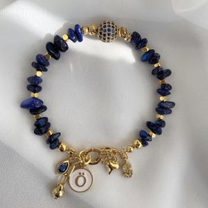 Personalized Lapis Natural Stone Bracelet, Custom Letter Charm Bracelet, Handmade Jewelry Gift for Mom, Adjustable Beaded Bracelet, Birthday