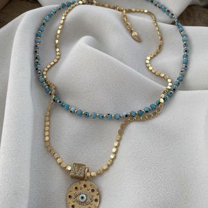 Collar con colgante de ojo malvado con circonita cúbica, cadena de panal bañada en oro y diseño especial de vidrio esmerilado, combinación de 2 piezas