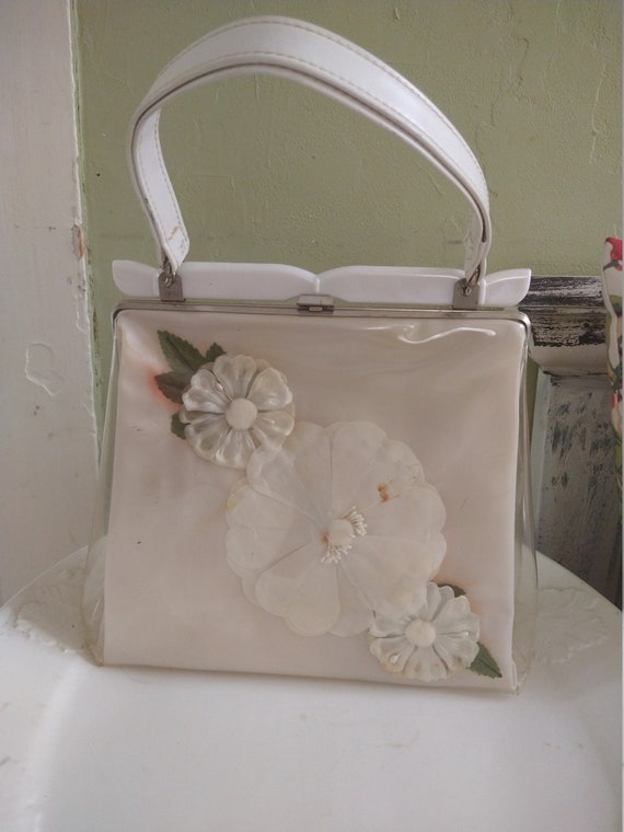 Vintage 1950's Clear Flowered Metal Frame Handbag - image 1