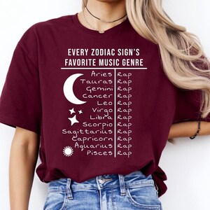 El género musical favorito de cada signo del zodíaco es el rap, regalo astrológico divertido para los amantes del rap, camiseta unisex de estilo suave, camiseta con el signo del zodíaco, regalo para amantes de la música