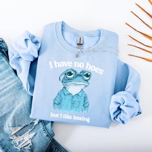 Könnte beinhalten: Hellblaues Sweatshirt mit dem Text "I have no hoes but I like boxing" und einem Cartoon-Frosch mit Brille und Hemd. Eine silberne Halskette liegt über dem Sweatshirt. Zerrissene blaue Jeans sind im Hintergrund zu sehen.