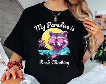 Maglietta grafica Rock Climbing Raccoon: maglietta unisex retrò Vaporwave