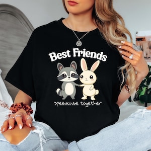 Best Friends Speedcube Together Cute Raccoon Graphic Tee, Relatable Gift, Cube Solver Apparel, Speedcubing Shirts, Rubiks Cube Solving