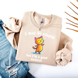Puede incluir: Sudadera beige con el texto "I may be stupid but I'm a good analyst" y una ilustración de gato. El gato es naranja con vientre amarillo y detalles rosas. Un collar plateado está sobre la sudadera.