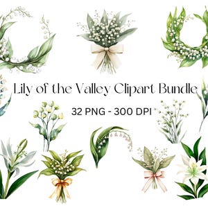 Bundle de cliparts aquarelle muguet, art floral numérique, 32 PNG aquarelles pour mariages, travaux manuels de printemps, modèles imprimables.