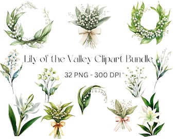 Può includere: Un pacchetto di clipart digitale di 32 illustrazioni di mughetto in formato PNG a 300 DPI. Le illustrazioni presentano fiori bianchi con foglie verdi in vari arrangiamenti, tra cui ghirlande, bouquet e steli singoli.