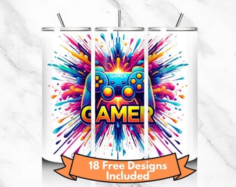 Game Controller Tumbler Wrap, 20 Oz Skinny Sublimation PNG Design ...
