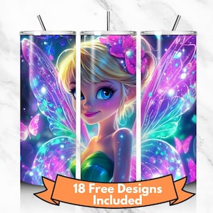 3D Tinkerbell Neon Colorful Tumbler Wrap, Princess Tumbler Wrap Sublimation Design PNG, 20oz Skinny Straight & Tapered Fairy Tumbler Wrap