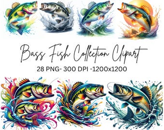 Watercolor Jumping Bass Fish Collection Clipart, 28 PNG Fish Clipart, Funny Bass Fish, Fishing Fish PNG, Fish Clipart Bundle, Commercial Use