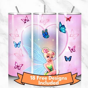 Pink Cartoon Inspired Butterfly Tumbler Wrap Design, 20oz Skinny Straight and Tapered PNG Download, Disney Sublimation Gift