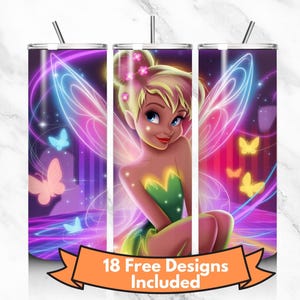 3D Tinkerbell Neon Colorful Tumbler Wrap, Princess Tumbler Wrap Sublimation Design PNG, 20oz Skinny Straight & Tapered Fairy Tumbler Wrap