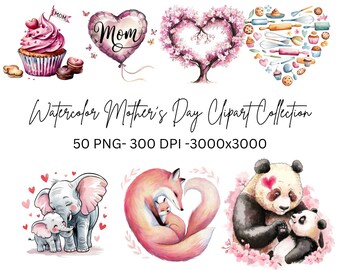 Watercolor Mother's Day Bundle Clipart - 50 PNGs for DIY Cards, Crafts & Gifts, Floral Designs, Printable Art