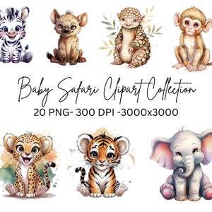 Clipart Safari bébé animal, 20 fichiers PNG pour invitations de baby shower, Clipart jungle aquarelle, Clipart Animal mignon, fond Transparent