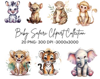 赤ちゃん動物サファリ クリップアート、ベビーシャワー招待状用 PNG ファイル 20 個、水彩ジャングル クリップアート、かわいい動物クリップアート、透明な背景