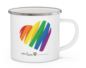 May include: White enamel mug with a rainbow heart design and the text "LOVE is love" with a small rainbow heart.