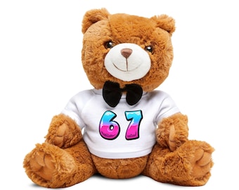 Plush Bear, Gift for Kids, Funny Teddy Bear, Number 67 Obsessed, Humorous Toy, Laughing Present