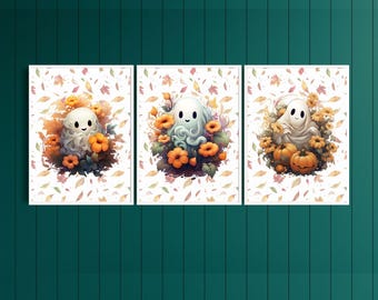 Ghosties - Whimsical Ghost in Autumn - Three-Panel Wall Art Series  - Digital Prints