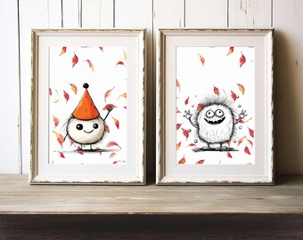 Autumn Party Monsters - "Creepie's First Autumn" Falloween Series - Digital Prints