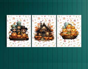 All for Harvest - Whimsical Ghost in Autumn - Three-Panel Wall Art Series  - Digital Prints