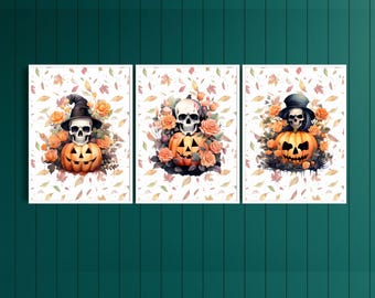 One Skull Two Skull - Whimsical Ghost in Autumn - Three-Panel Wall Art Series  - Digital Prints