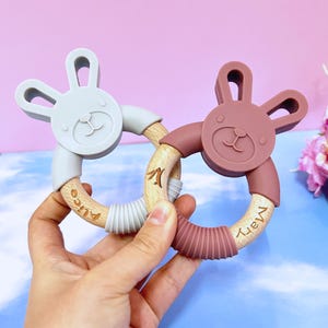 Personalized Soothing Bunny,Name Engrave Baby Shower Gift,Easter Bunny Wooden Silicone Bunny,Teether Toy,Easter Toy Newborn,Montessori Toys