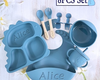 Personalized Cartoon Silicone Baby Weaning Set,Feeding Set with Name,Separator Tray plate,Engraved Toddler Feeding Set,Gift For Baby Shower